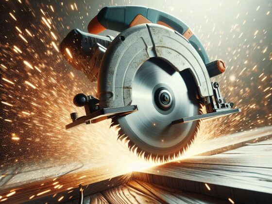 Circular saw cutting through wood with sparks flying alt text: A circular saw blade slices through wood, sending sparks flying as it demonstrates its power and efficiency.