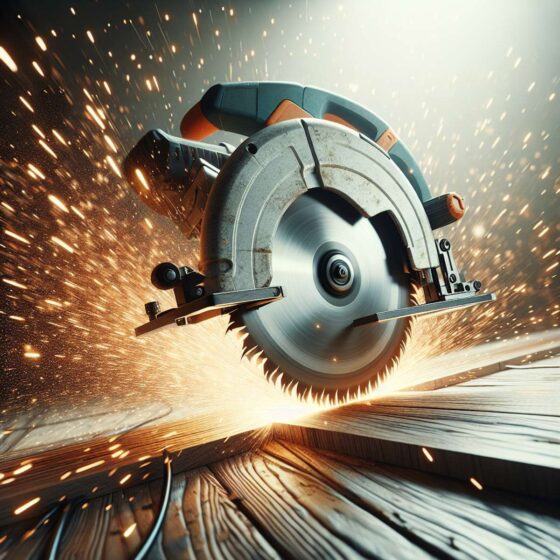 Circular saw cutting through wood with sparks flying alt text: A circular saw blade slices through wood, sending sparks flying as it demonstrates its power and efficiency.