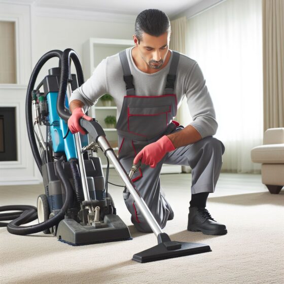 A carpet cleaner uses powerful equipment to clean a lush carpet.