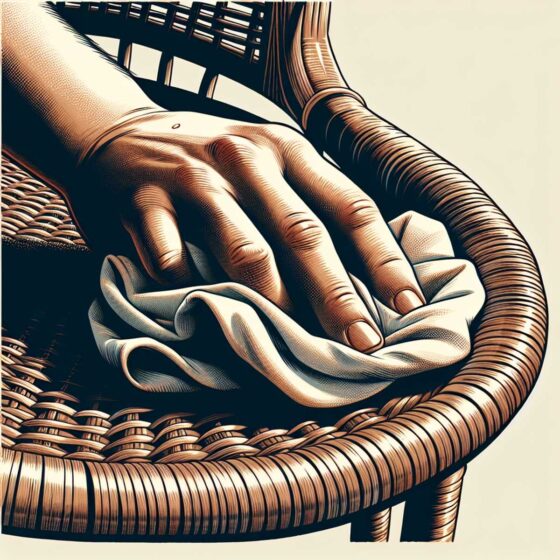 A hand gently wiping a rattan chair with a cloth.