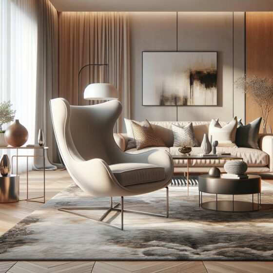 A modern living room with a stylish accent chair.