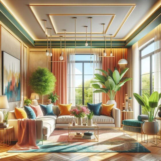A vibrant and inviting living room with comfortable furniture, indoor plants, and warm lighting.