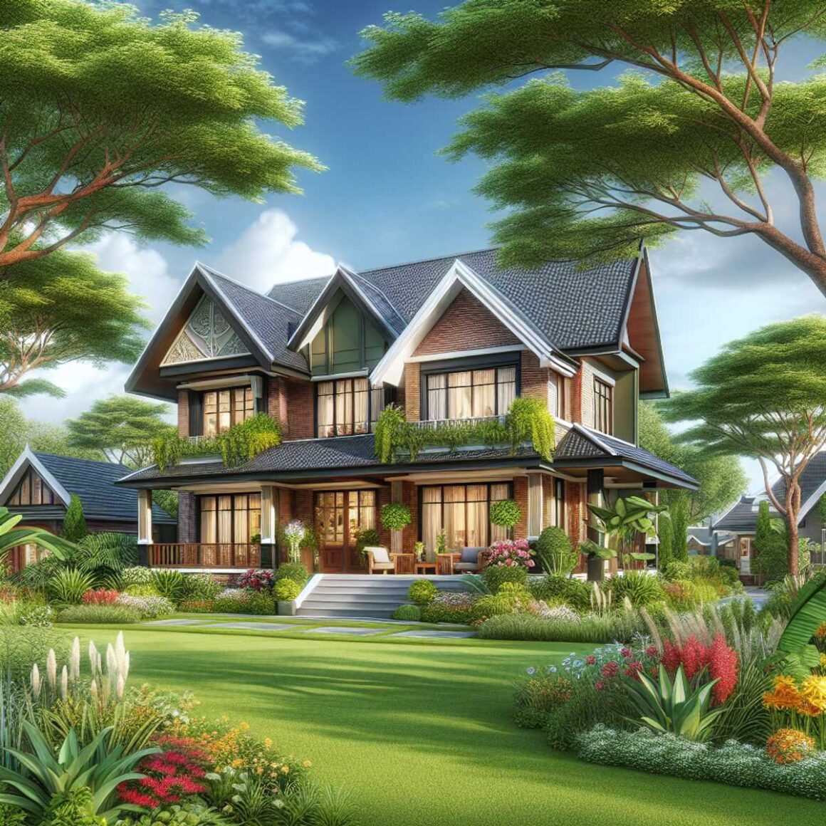 Beautiful two-story house surrounded by lush greenery, trees, and colorful flowers.