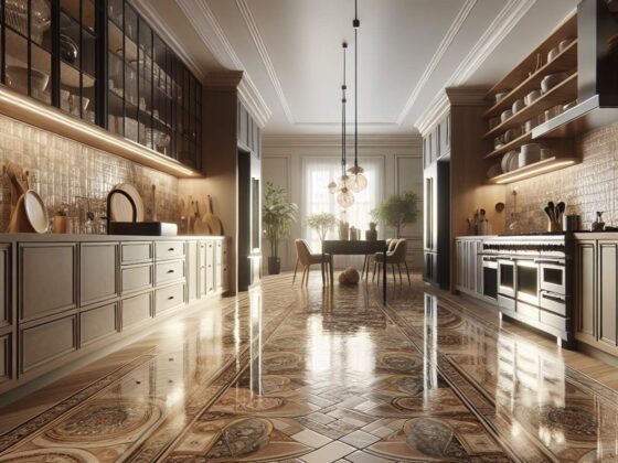 A close-up image of a beautifully designed and polished kitchen floor with intricate tile patterns and subtle variations in color, reflecting light to create a warm and inviting atmosphere.