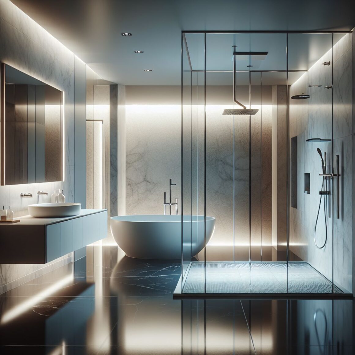 A modern bathroom with polished fixtures, a glass shower enclosure, a freestanding bathtub, a marble floor, and abstract artwork on the walls.