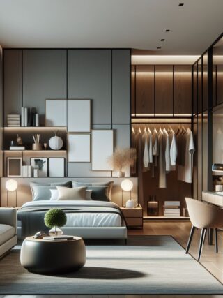 A modern bedroom with sleek furniture, well-coordinated textures and colors, and subtle, warm lighting