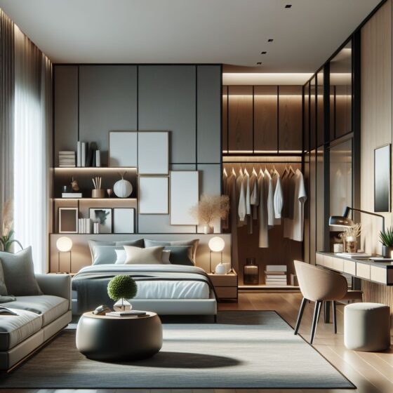 A modern bedroom with sleek furniture, well-coordinated textures and colors, and subtle, warm lighting
