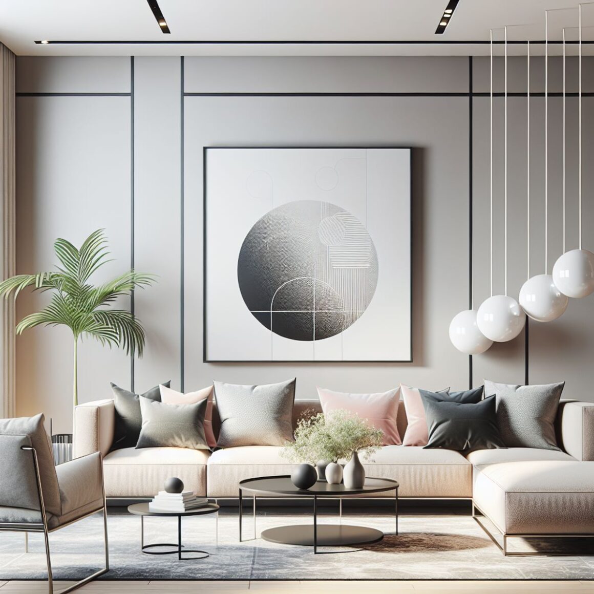 A sleek and modern living room with clean lines, chic furniture, and a minimalist color palette.