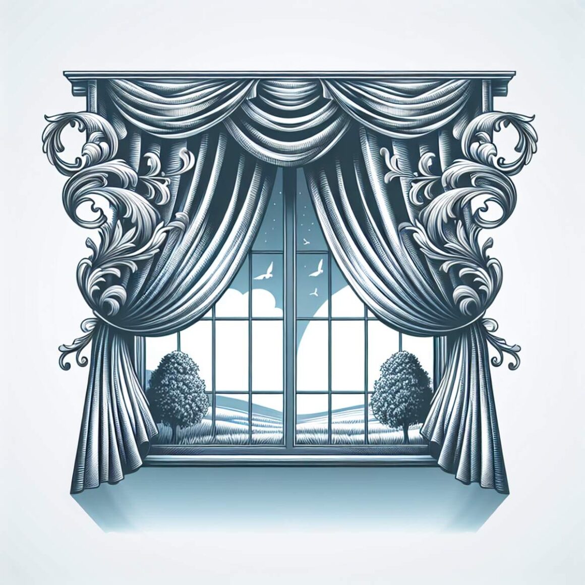 Elegant window curtains gently billowing in the breeze.