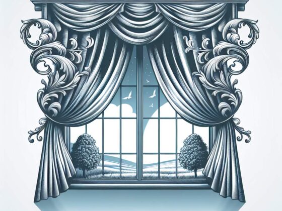 Elegant window curtains gently billowing in the breeze.