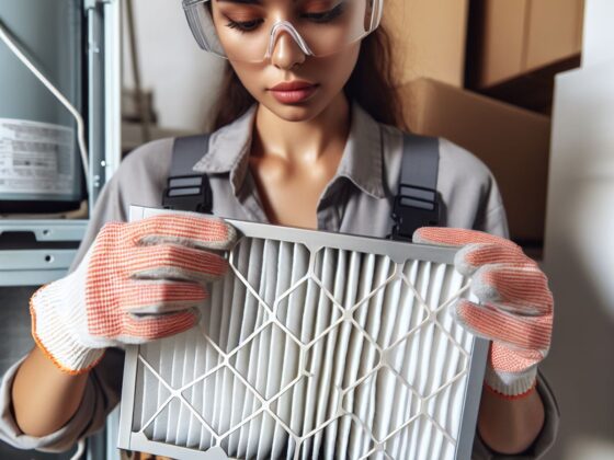 A South Asian female HVAC technician replacing a clean HVAC filter in a client's residence.