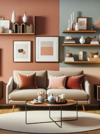 Stylish compact living room with sofa, wooden coffee table, shelves, TV unit, plush cushions, vase with flowers, and wall art against a pastel-colored wall.