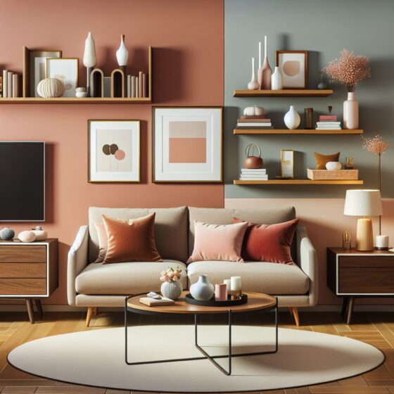 Stylish compact living room with sofa, wooden coffee table, shelves, TV unit, plush cushions, vase with flowers, and wall art against a pastel-colored wall.