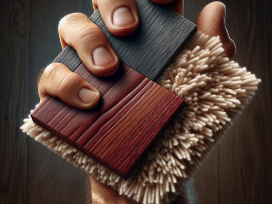 A hand holding two flooring samples - one dark mahogany hardwood and one beige carpet square.