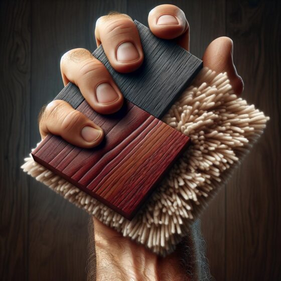 A hand holding two flooring samples - one dark mahogany hardwood and one beige carpet square.