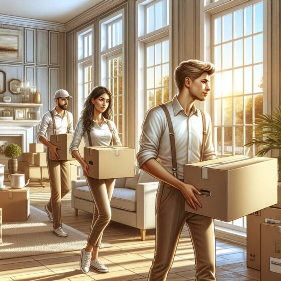 A diverse moving crew carrying boxes into a beautifully organized new home with large windows letting in golden sunlight.
