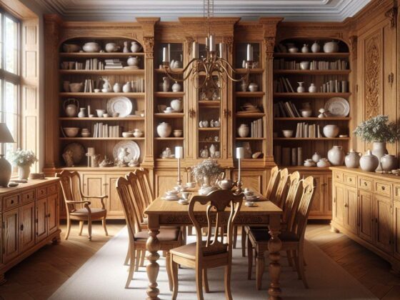 A grand dining room with solid oak furniture and natural light.