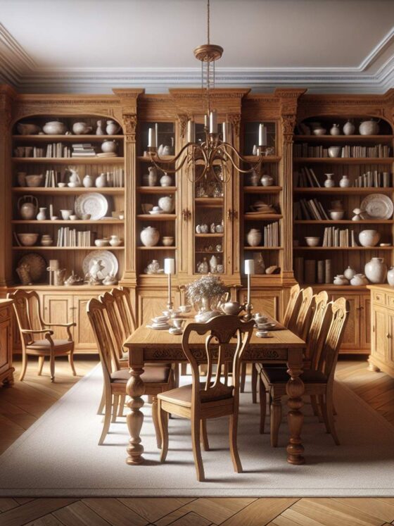A grand dining room with solid oak furniture and natural light.