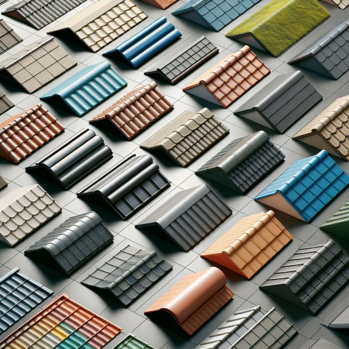 Close-up image of various commercial roofing materials including tiled roofs, metal roofs, green roofs, rolled roofing, and thermoplastic roofs, each distinct in color, texture, and style.
