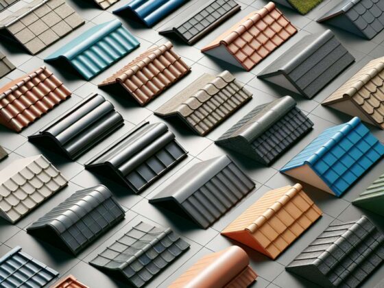 Close-up image of various commercial roofing materials including tiled roofs, metal roofs, green roofs, rolled roofing, and thermoplastic roofs, each distinct in color, texture, and style.