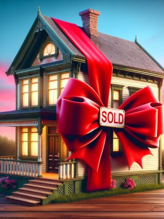 A charming old house adorned with a large red bow on the front door, against a vibrant backdrop.