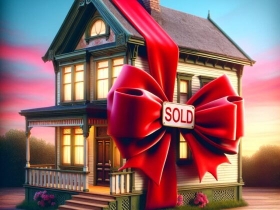 A charming old house adorned with a large red bow on the front door, against a vibrant backdrop.