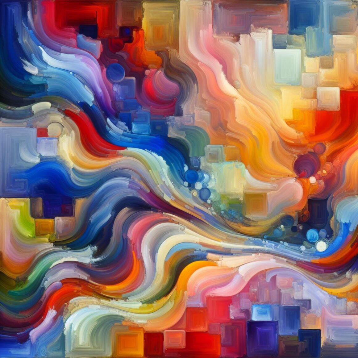 Vibrant abstract painting with flowing colors and dynamic shapes.